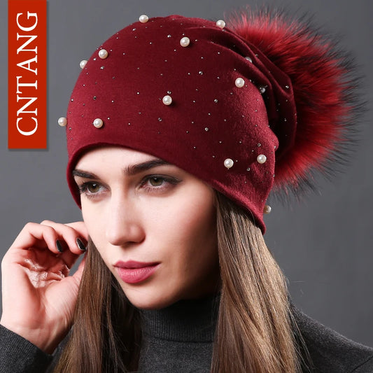 Women's Fashion Hat Autumn Winter Rhinestones Pearl Hats Female Beanies Natural Raccoon Fur Pompom Cotton Warm Caps