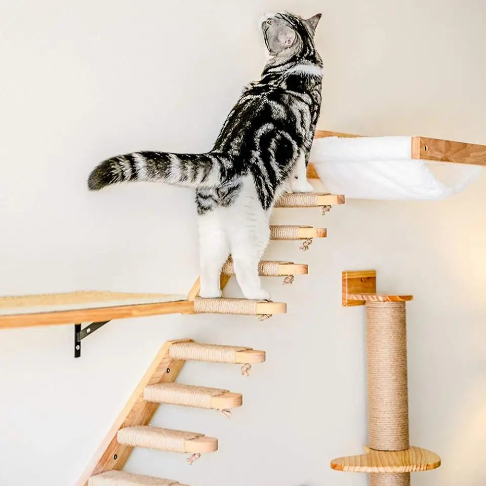 Cat Wall Climbing Shelves Wall Mounted Hammock Cat Scratching Post Wooden Stairway Shelves with Sisal Rope Ladder Wall Cat Tree