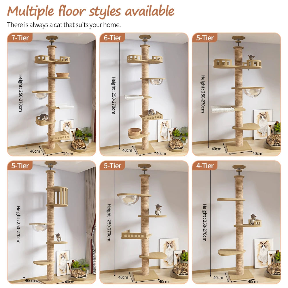 Cat Tree Floor to Ceiling Cat Tower Adjustable Kitten Multi-Level Condo With Scratching Post Pad Hammock Pet Cat Activity Center