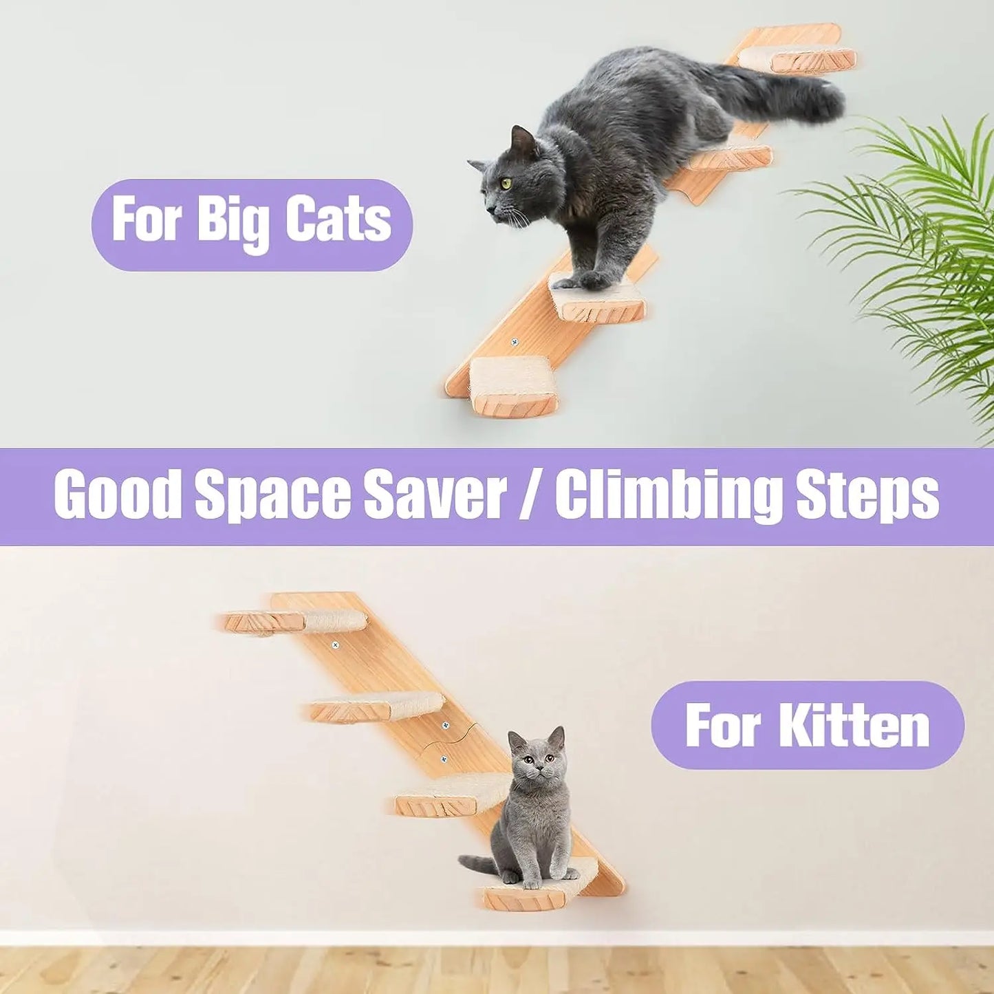 Cat Climbing Shelves - Wall Mounted with Reversible Four-Stairs Design and Eco-Friendly Sisal Rope，Cat Wall Steps Larger Size