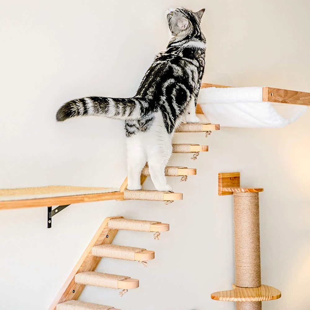 Cat Climbing Shelf Wall Mounted Four Step Stairway With Sisal Scratching Post For Cats Tree Tower Platform Jumping Pet Furniture