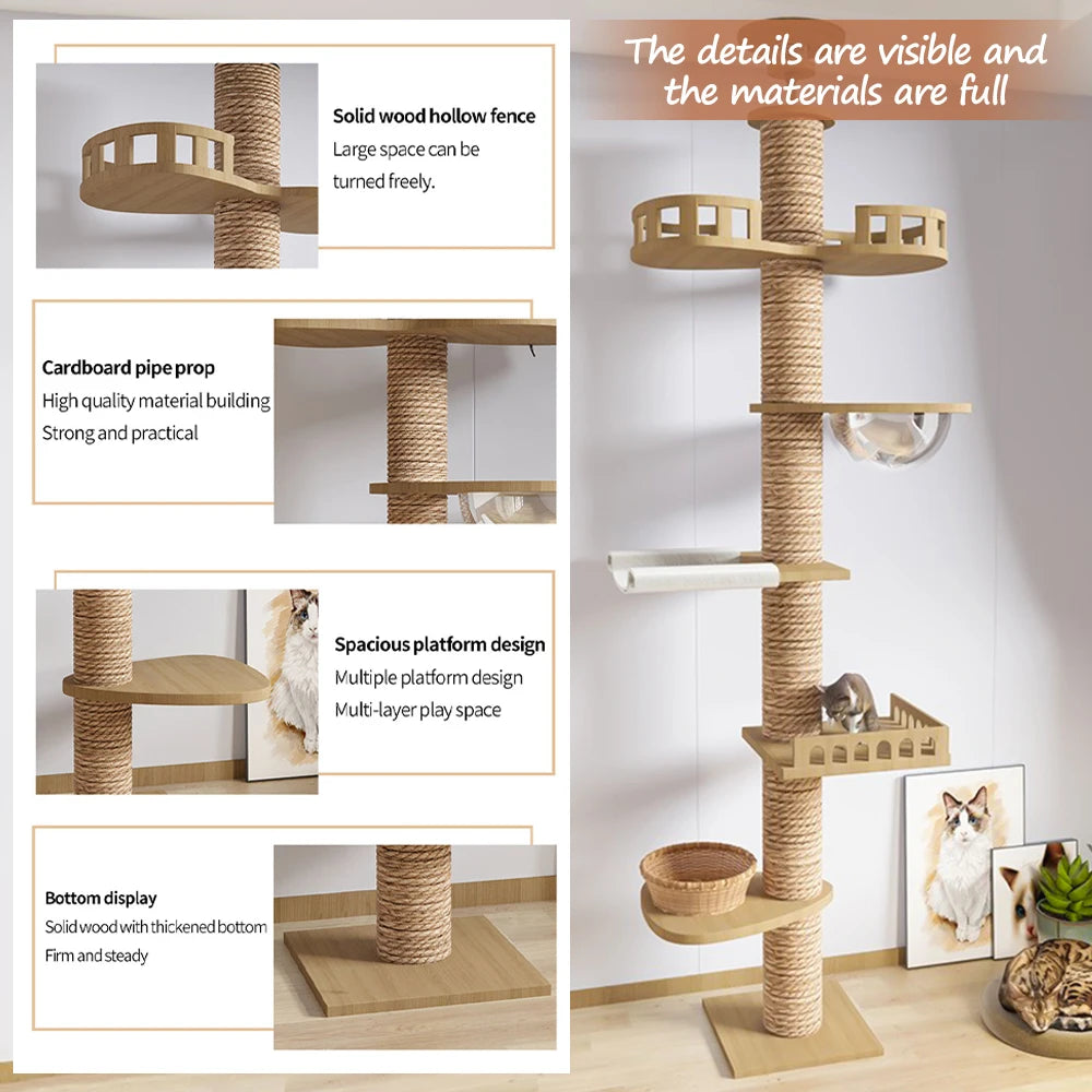 Cat Tree Floor to Ceiling Cat Tower Adjustable Kitten Multi-Level Condo With Scratching Post Pad Hammock Pet Cat Activity Center