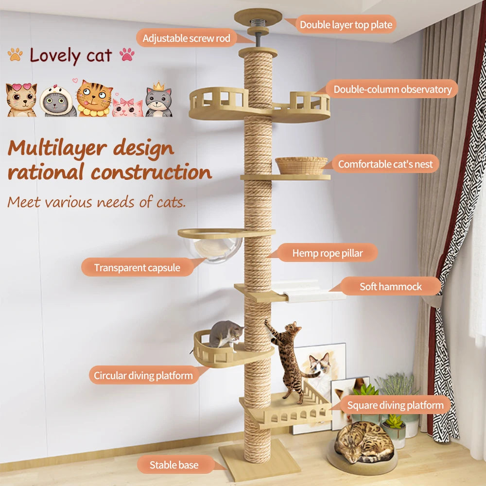 Cat Tree Floor to Ceiling Cat Tower Adjustable Kitten Multi-Level Condo With Scratching Post Pad Hammock Pet Cat Activity Center