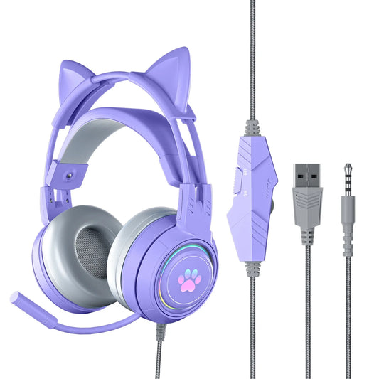 KINGSTAR Cat Ear Headphones Gaming Headset Gamer With Microphone Stereo RGB Light Computer Earphone For PC PS4/5 XBOX Laptop