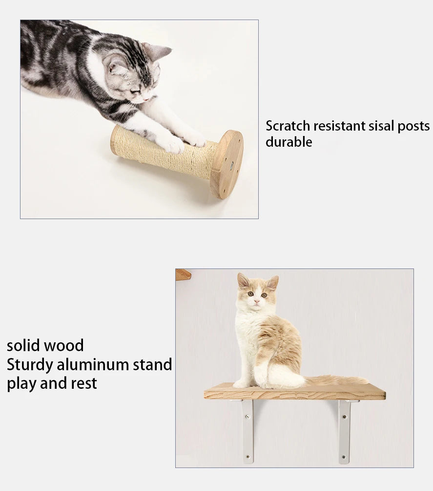 Cat Climbing Shelves Wall Mounted Cat Tree Wooden Furniture Scratcher Jumping Platform Rope Ladder Cat Sleeping and Playing