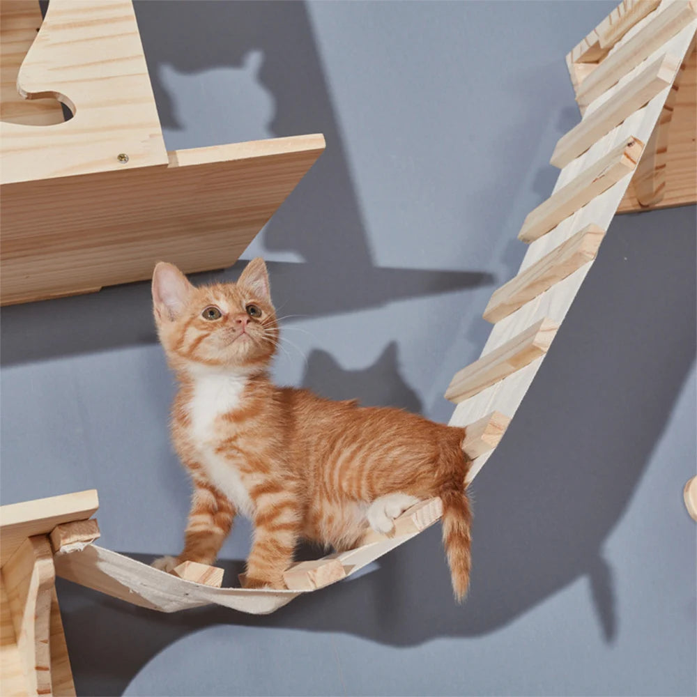 Cat Wall Mounted Furniture Hammock Climbing Shelves Cat Scratching Post Wooden Stairway Shelves Sisal Ladder Cat Climbing Frame