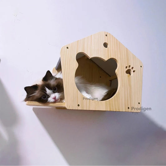 Wooden Cat House Climbing Floating Shelf Wall Mounted Kitten Villa for Sleeping and Resting Wall Furniture