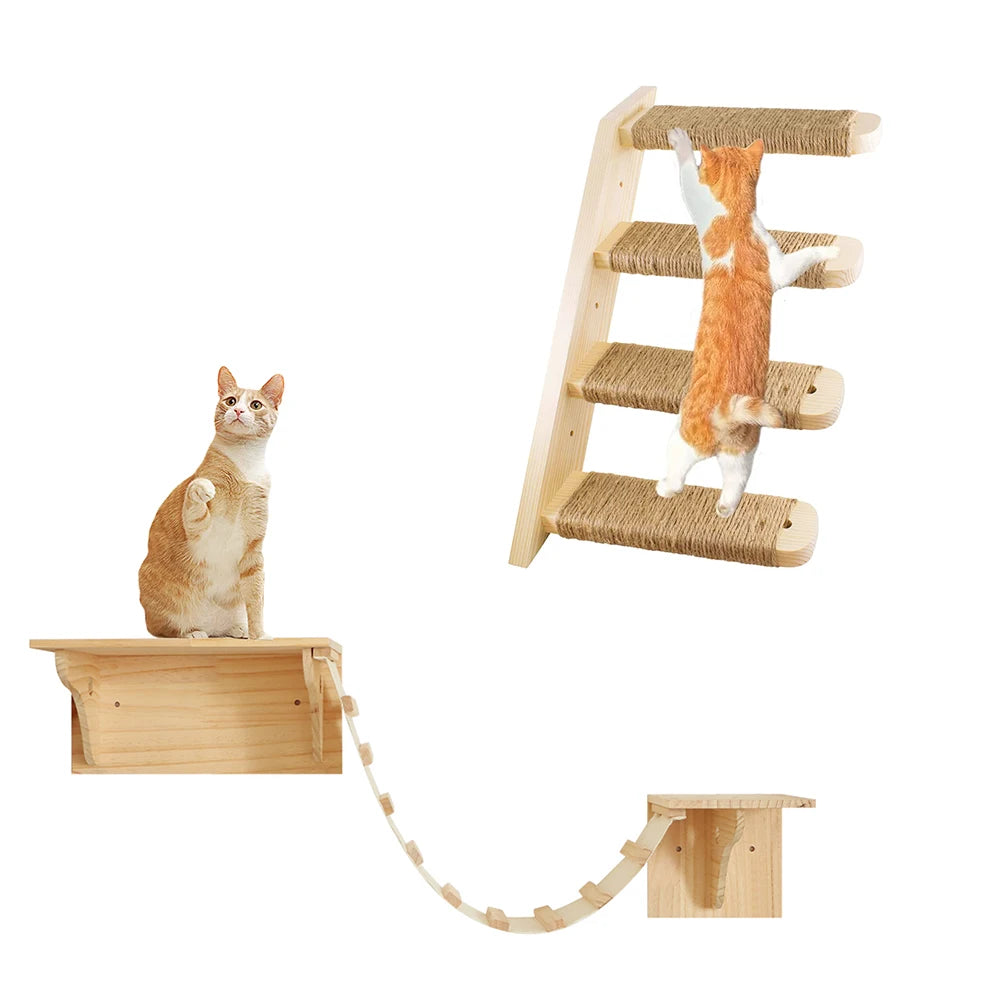 Cat Wall Mounted Furniture Hammock Climbing Shelves Cat Scratching Post Wooden Stairway Shelves Sisal Ladder Cat Climbing Frame