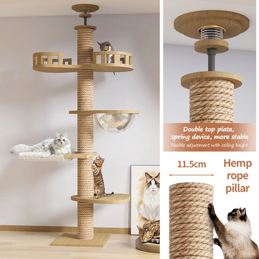 Cat Tree Floor to Ceiling Cat Tower Adjustable Kitten Multi-Level Condo With Scratching Post Pad Hammock Pet Cat Activity Center